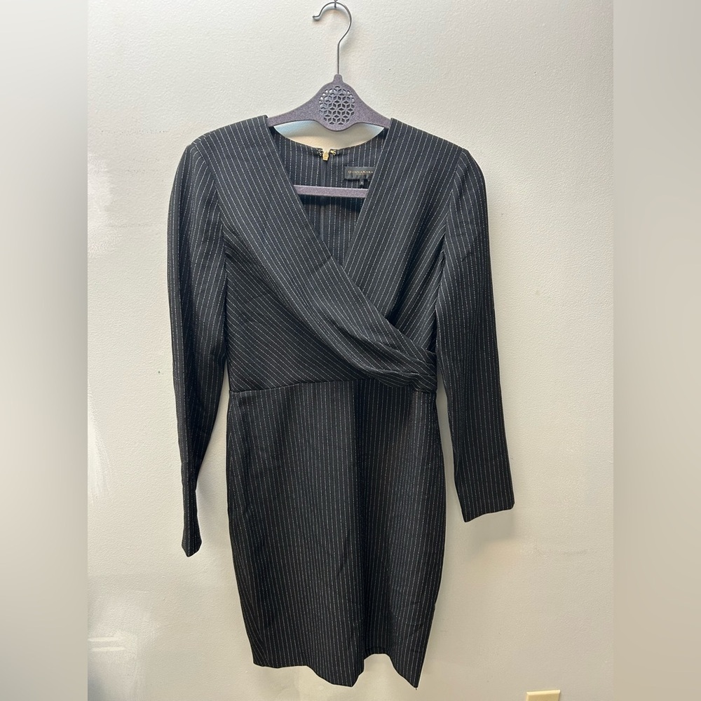 Donna Karan Black Pinstripe Asymmetrical Dress